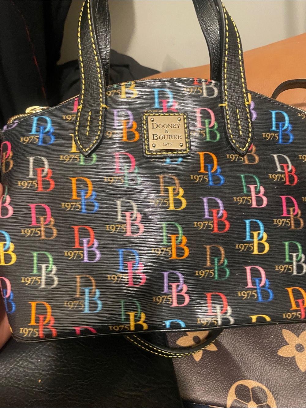 Dooney & Bourke Black Satchel with Multicolor DB Logo Print